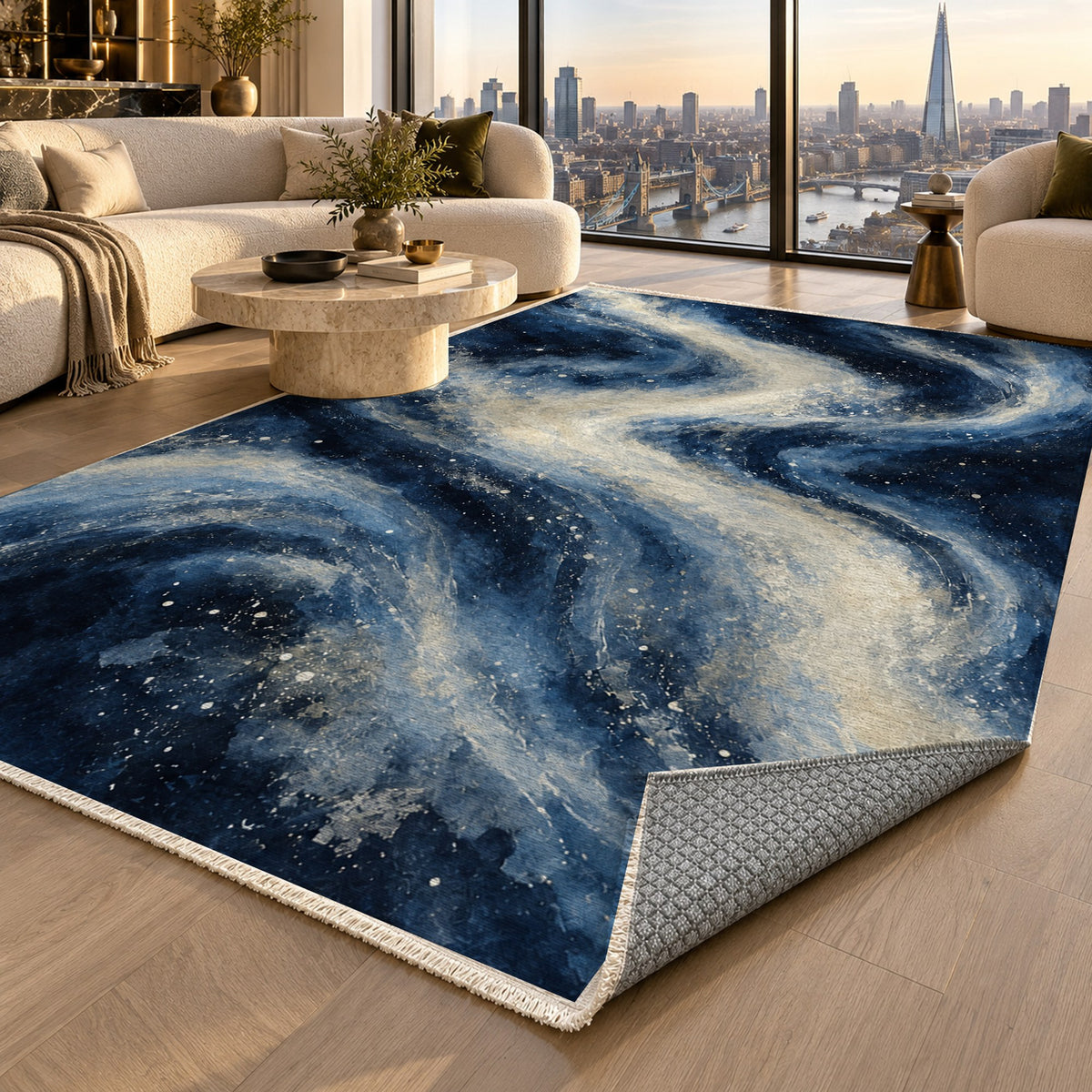 Milky Ribbons Indigo Abstract Washable Rug — london luxury living