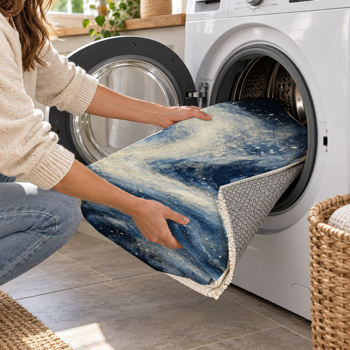 Milky Ribbons Indigo Abstract Washable Rug — washing machine