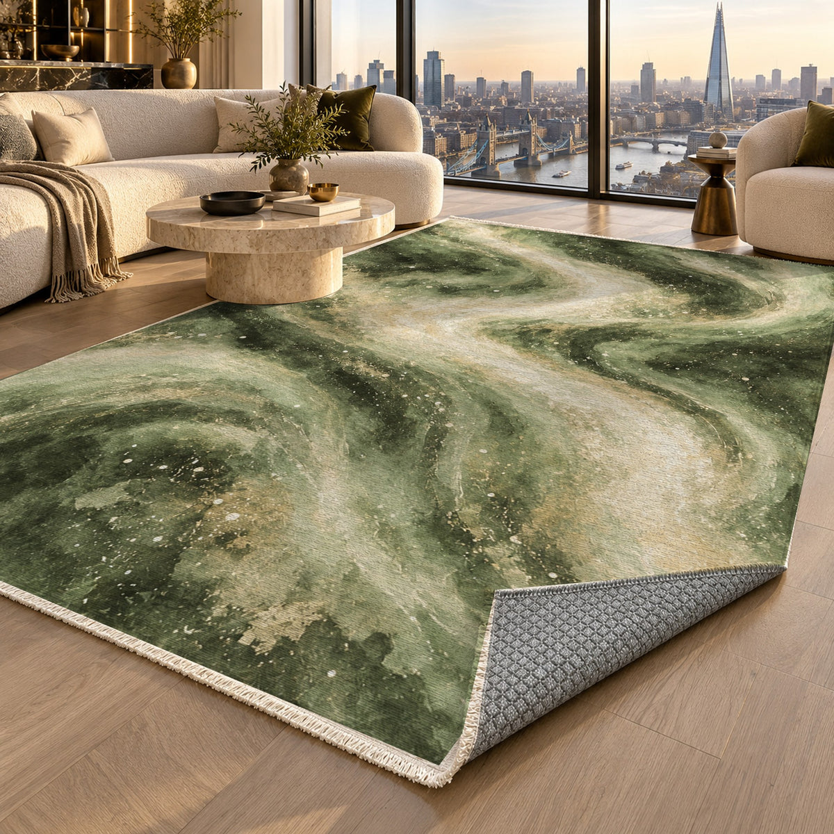 Milky Ribbons Sage Abstract Washable Rug — london luxury living