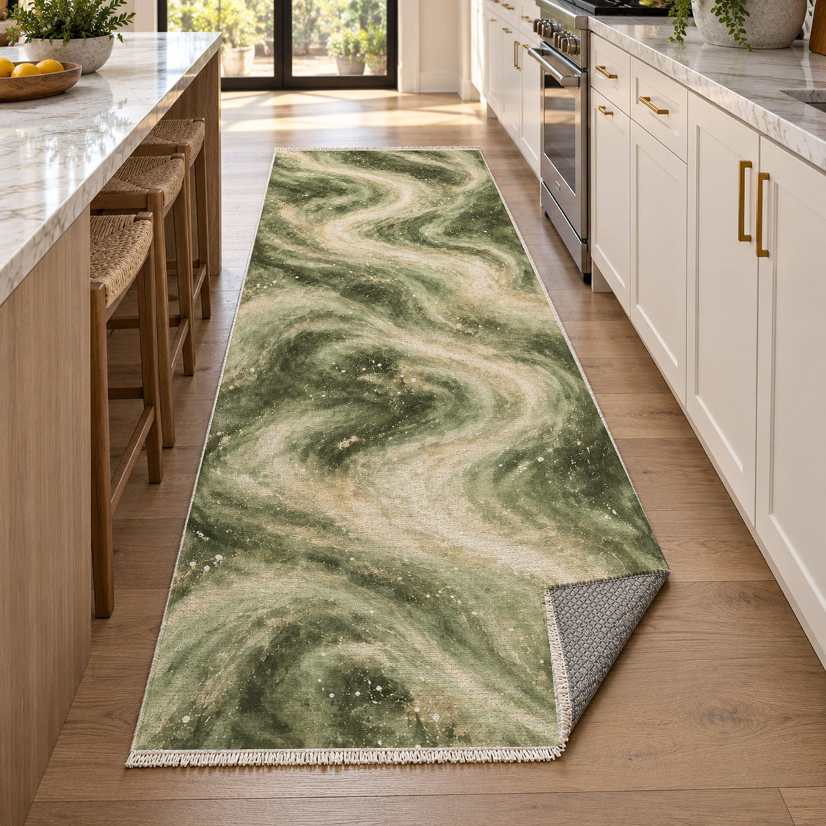 Milky Ribbons Sage Abstract Washable Rug — new york kitchen runner