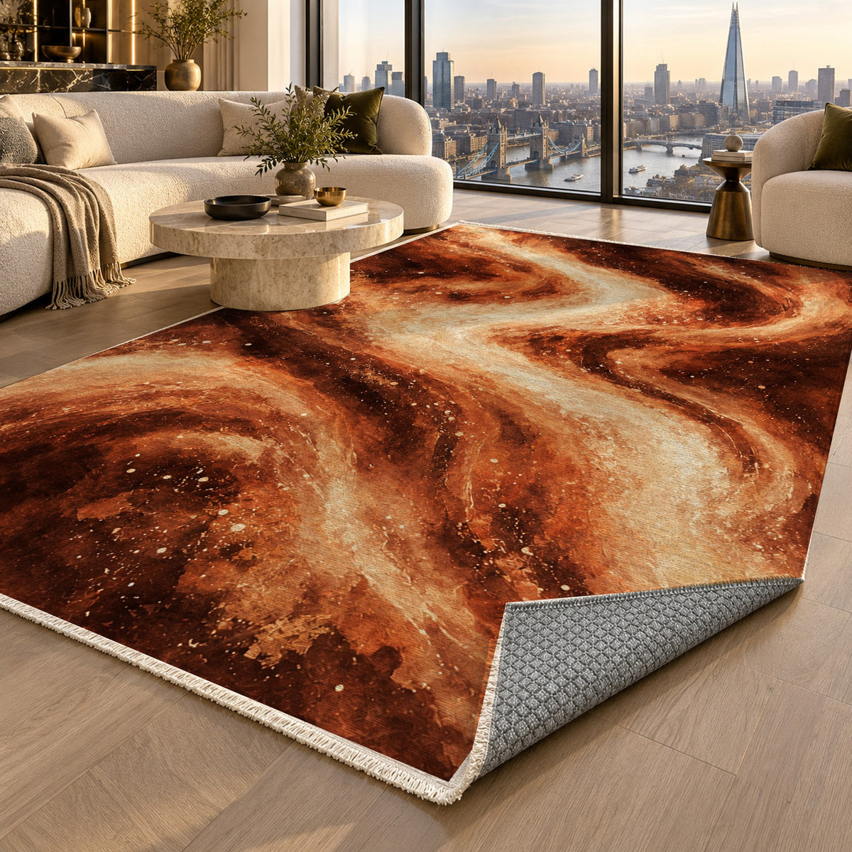Milky Ribbons Terracotta Abstract Washable Rug — london luxury living
