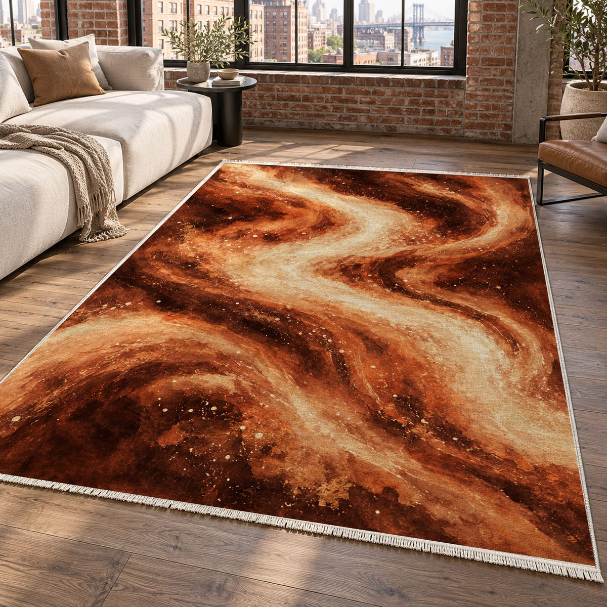 Milky Ribbons Terracotta Abstract Washable Rug — new york living