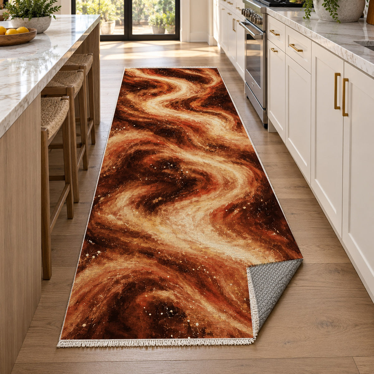Milky Ribbons Terracotta Abstract Washable Rug — new york kitchen runner
