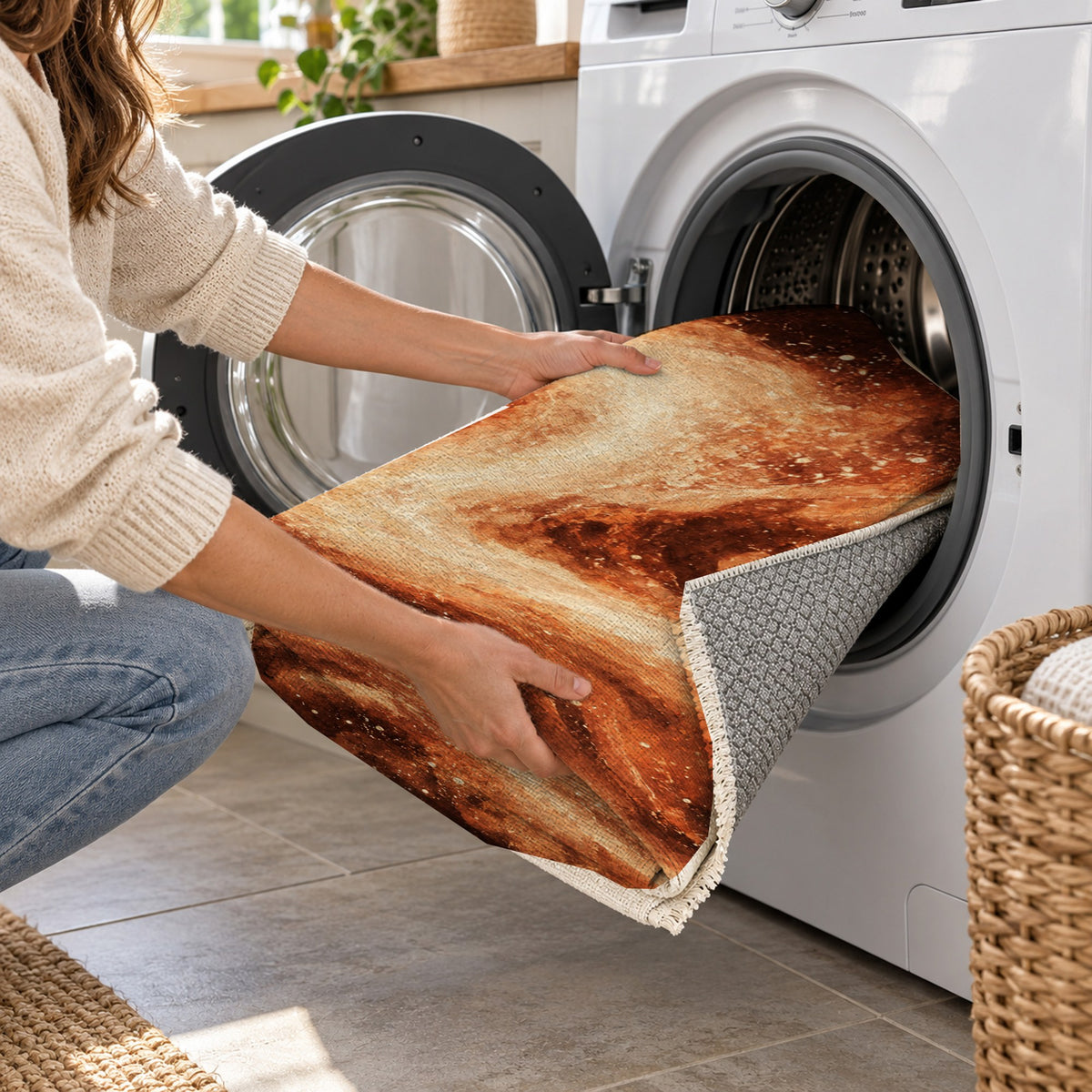 Milky Ribbons Terracotta Abstract Washable Rug — washing machine