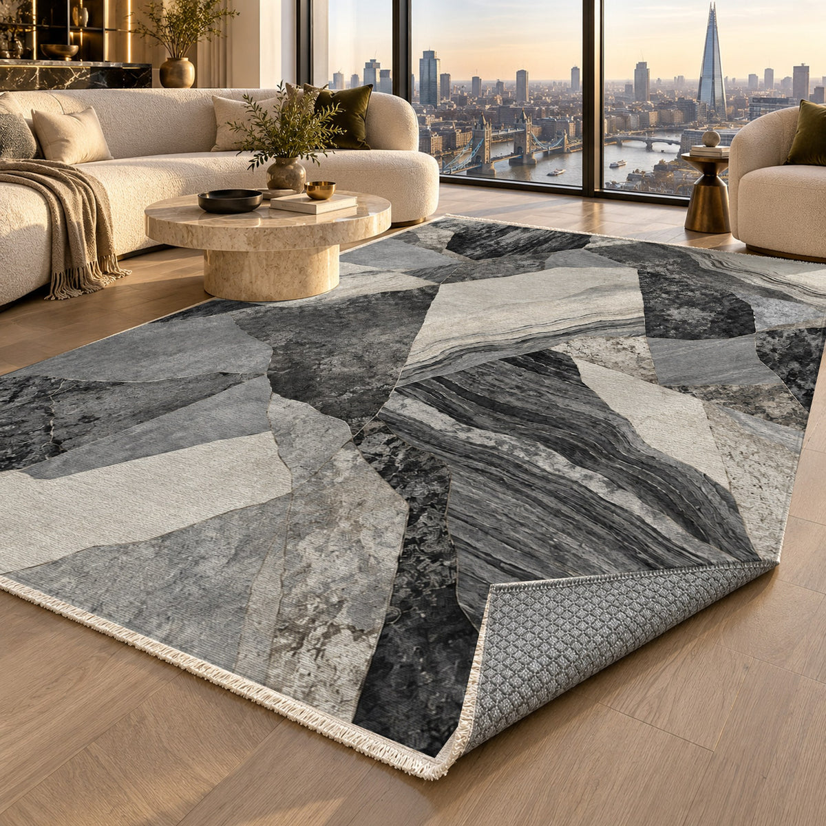 Mineral Fragments Charcoal Abstract Washable Rug — london luxury living