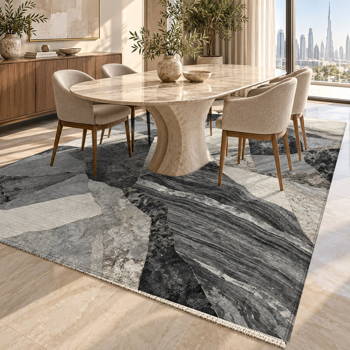 Mineral Fragments Charcoal Abstract Washable Rug — dubai dining