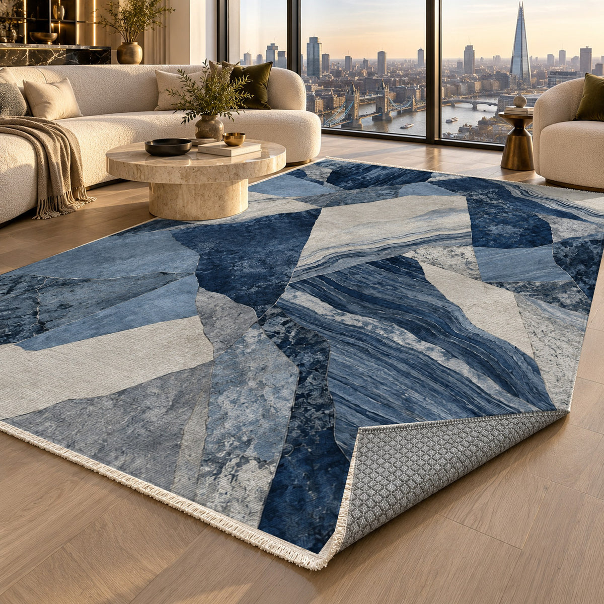 Mineral Fragments Indigo Abstract Washable Rug — london luxury living