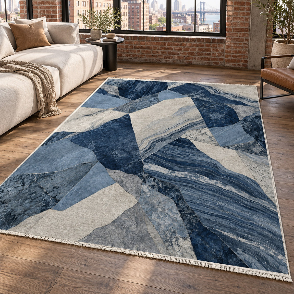 Mineral Fragments Indigo Abstract Washable Rug — new york living