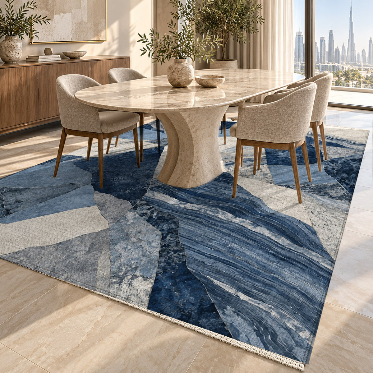 Mineral Fragments Indigo Abstract Washable Rug — dubai dining