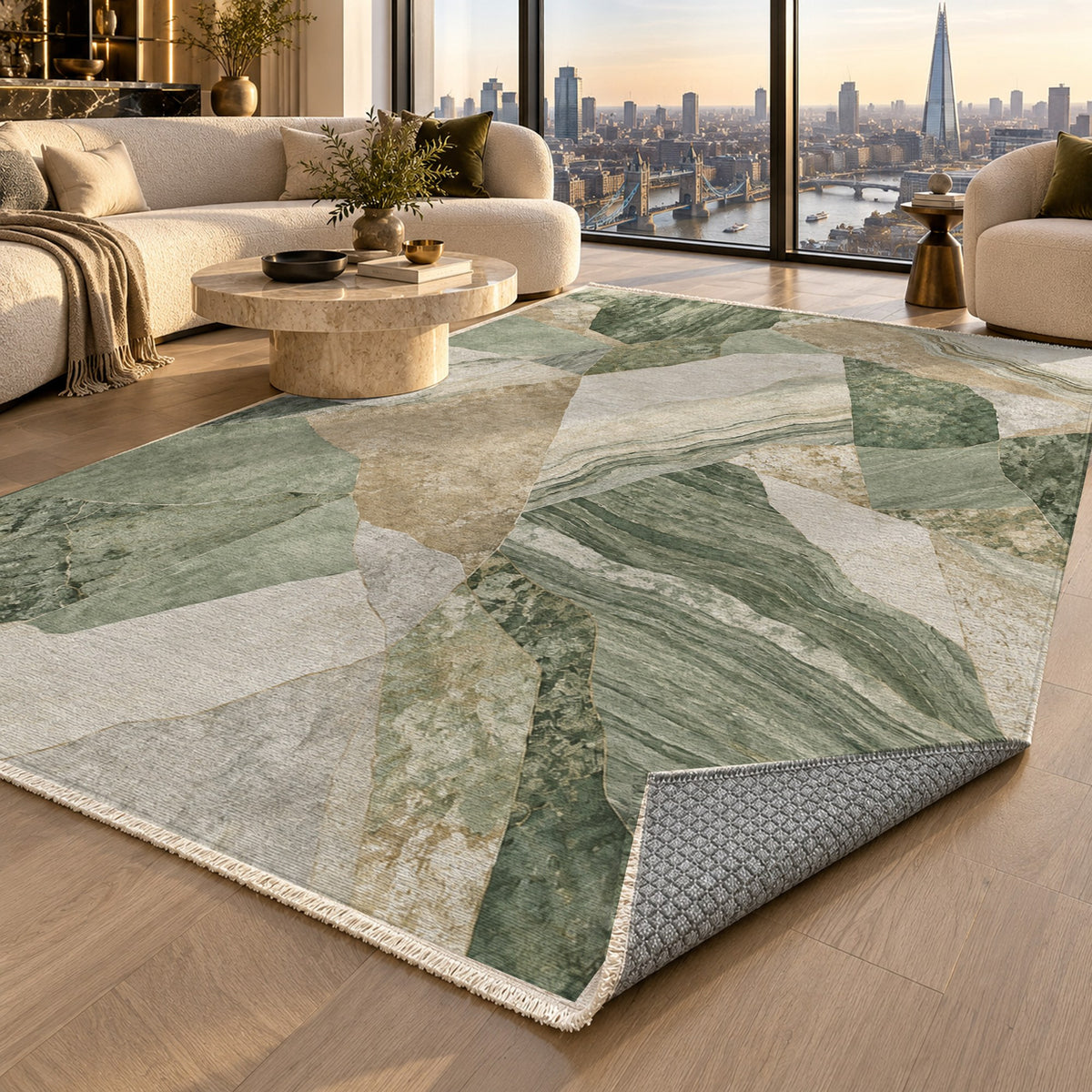 Mineral Fragments Sage Abstract Washable Rug — london luxury living