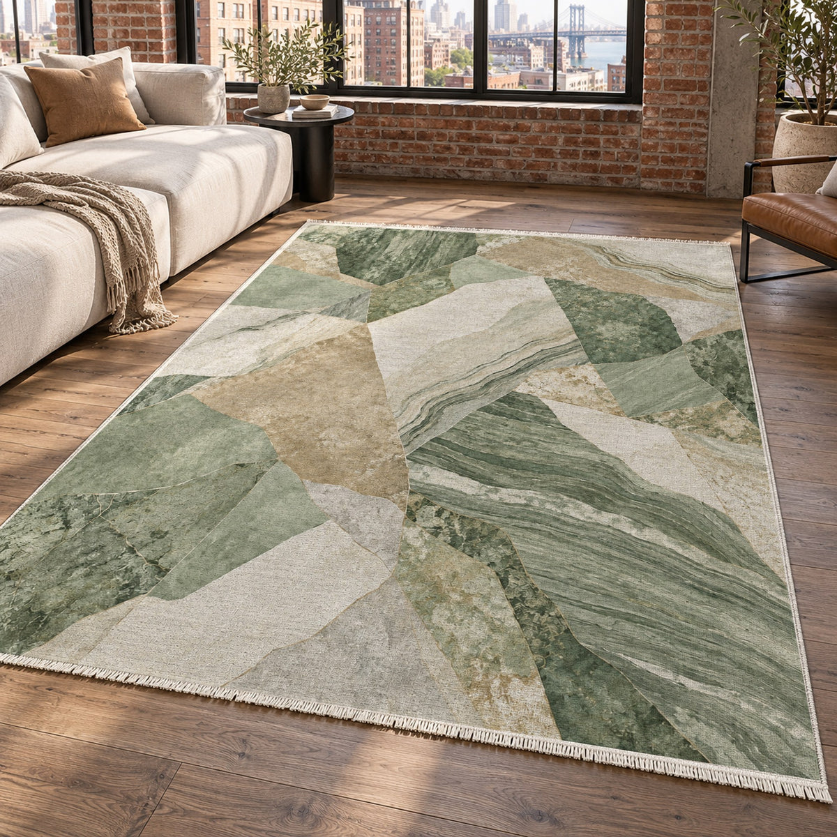 Mineral Fragments Sage Abstract Washable Rug — new york living