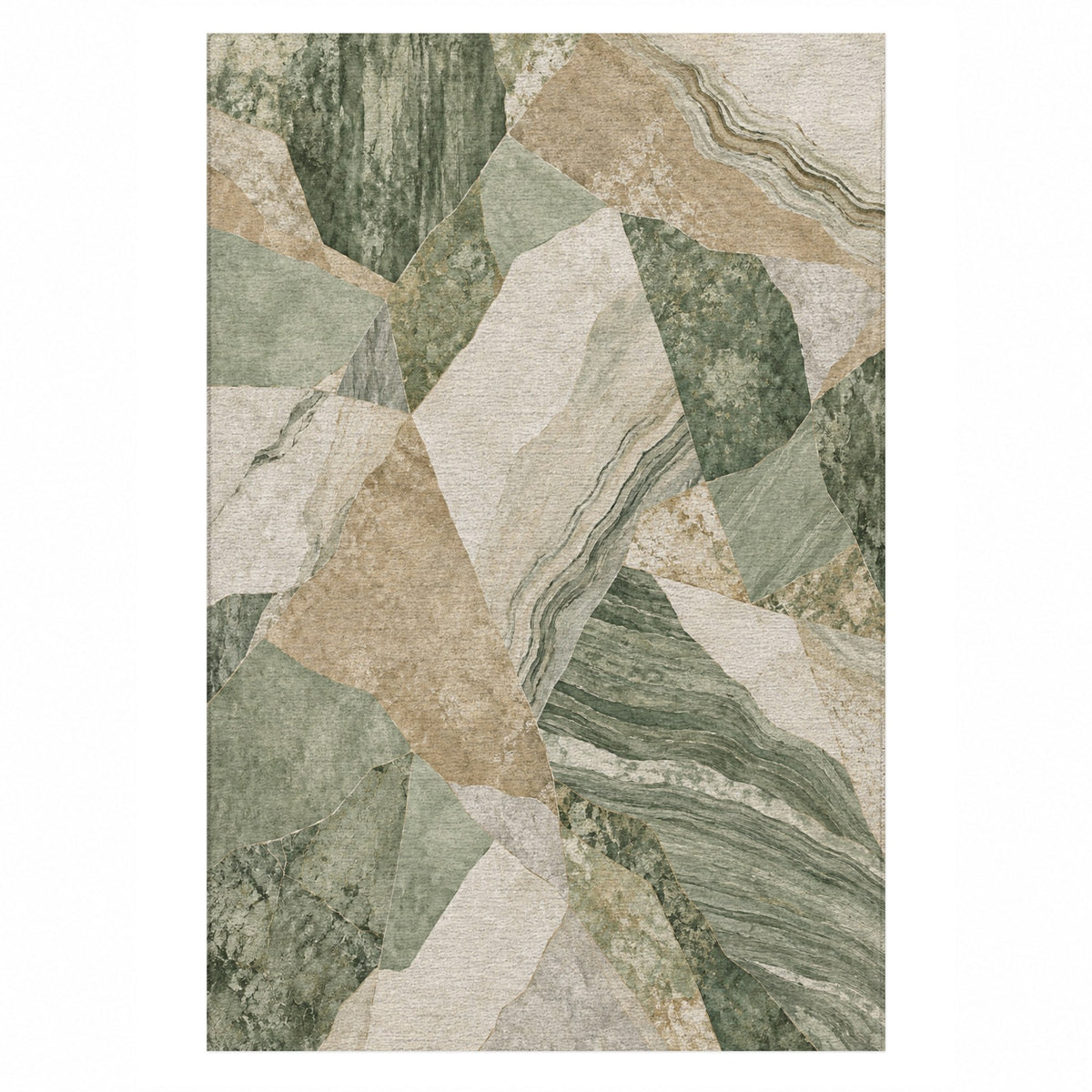 Mineral Fragments Sage Abstract Washable Rug — top view