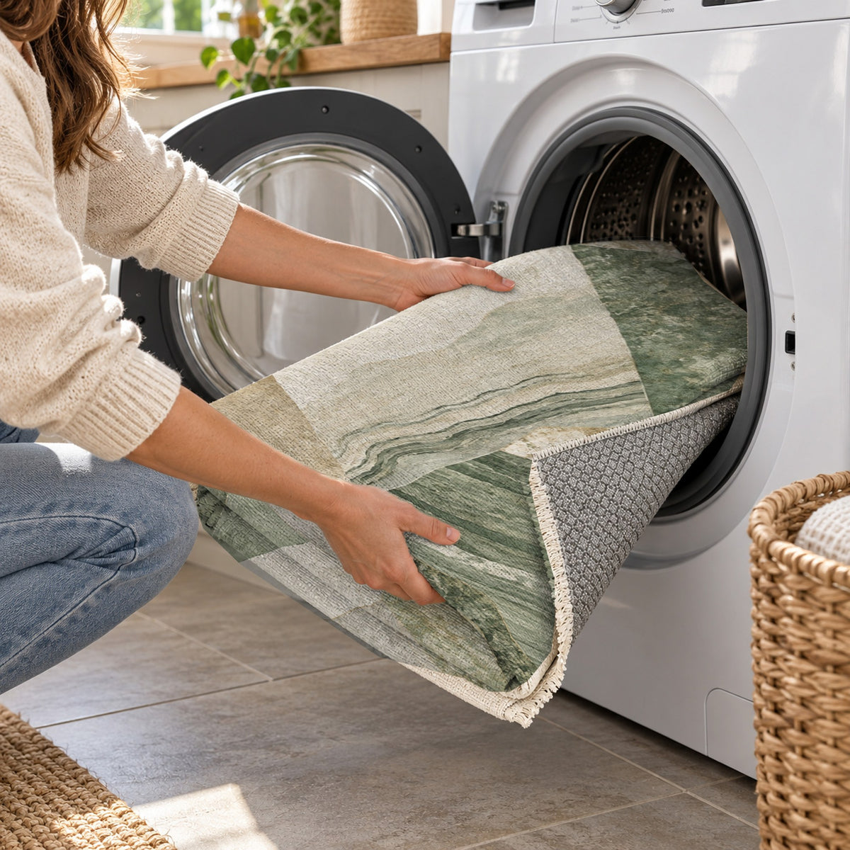 Mineral Fragments Sage Abstract Washable Rug — washing machine