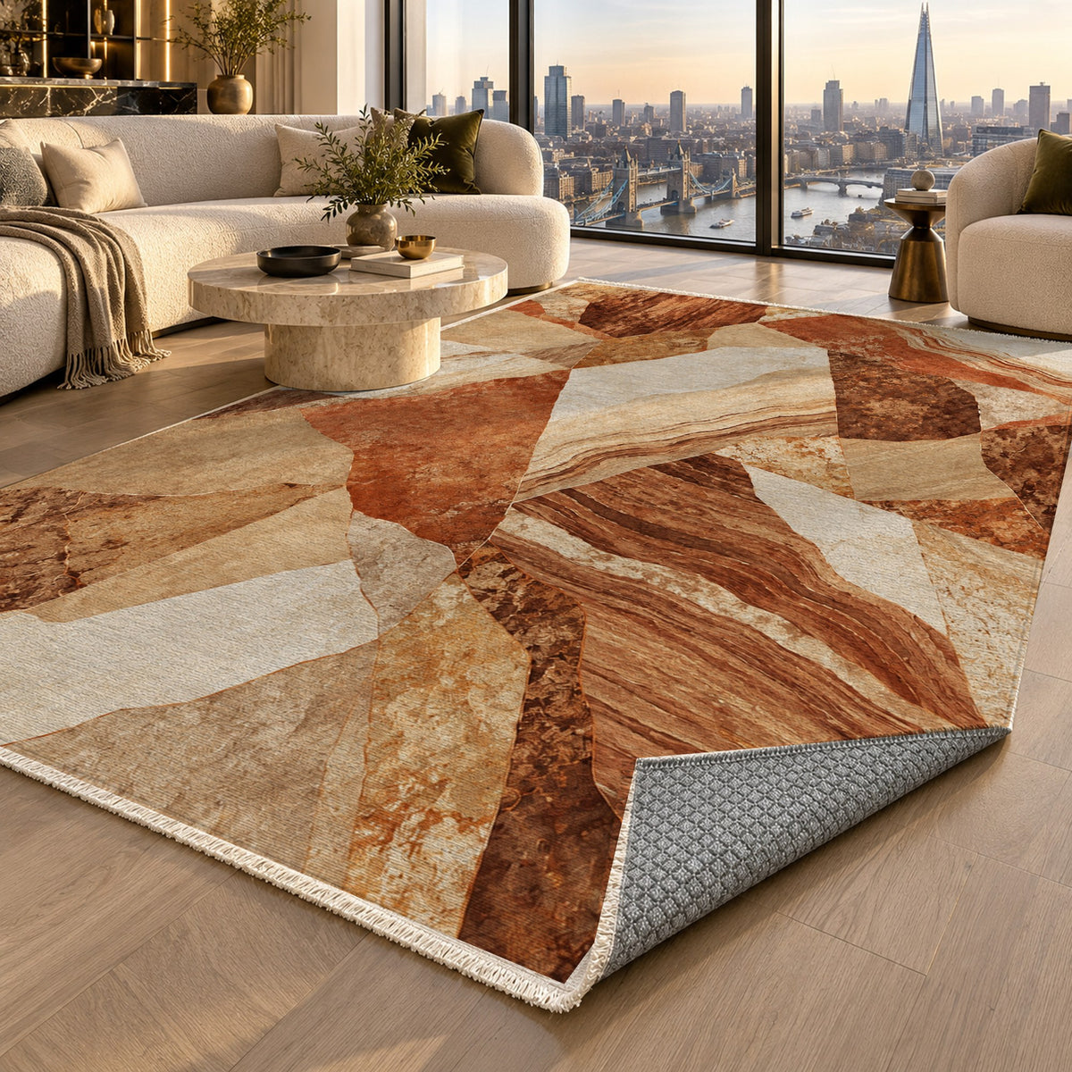 Mineral Fragments Terracotta Abstract Washable Rug — london luxury living