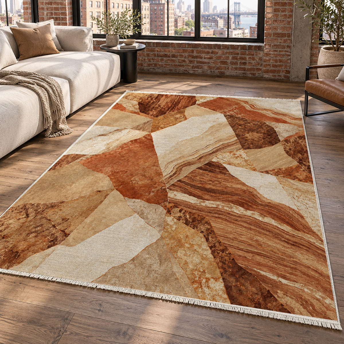 Mineral Fragments Terracotta Abstract Washable Rug — new york living