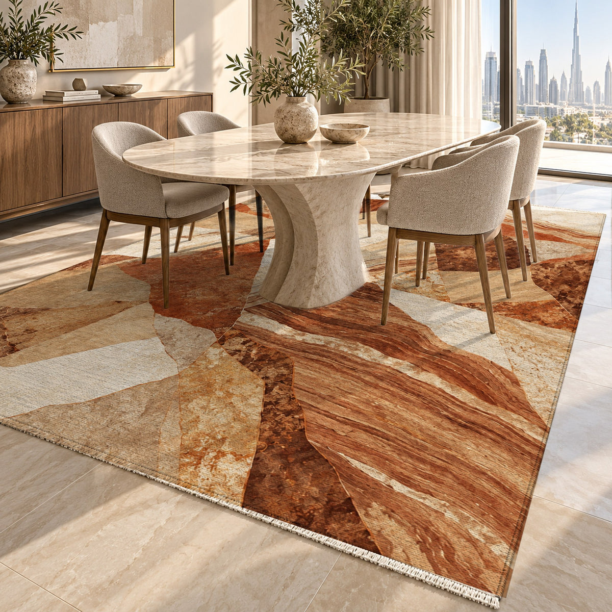 Mineral Fragments Terracotta Abstract Washable Rug — dubai dining