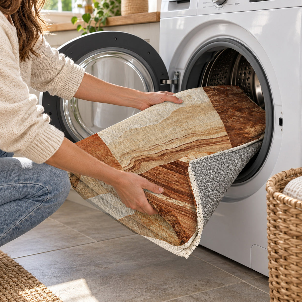 Mineral Fragments Terracotta Abstract Washable Rug — washing machine