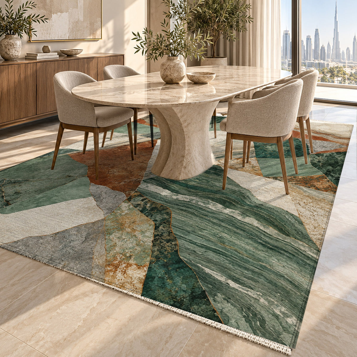 Mineral Fragments Abstract Washable Rug — dubai dining
