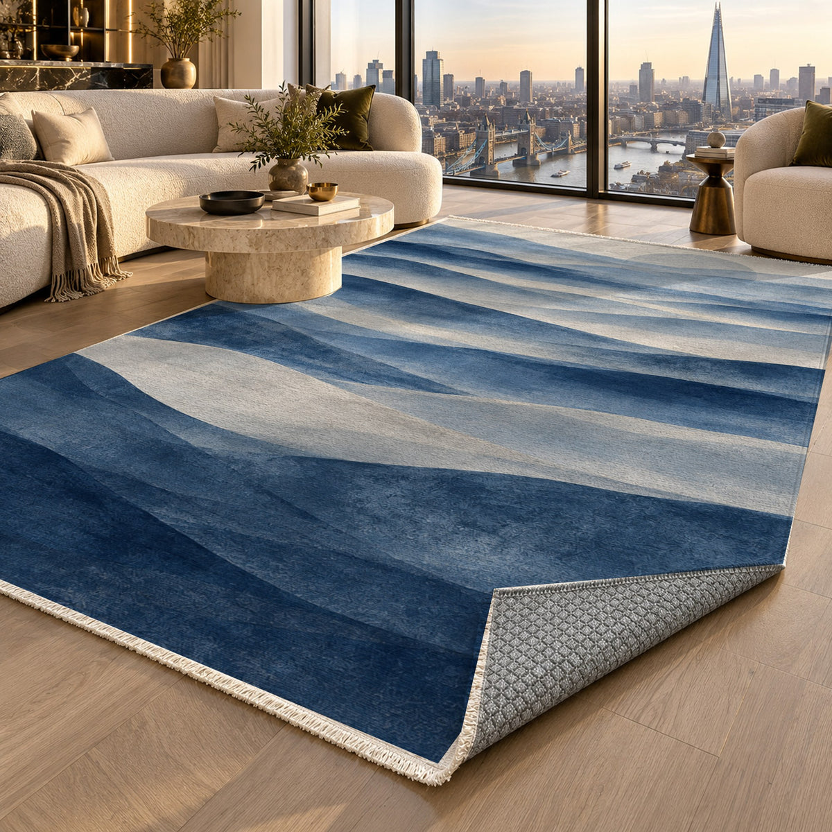 Mirage Layers Indigo Modern Washable Rug — london luxury living