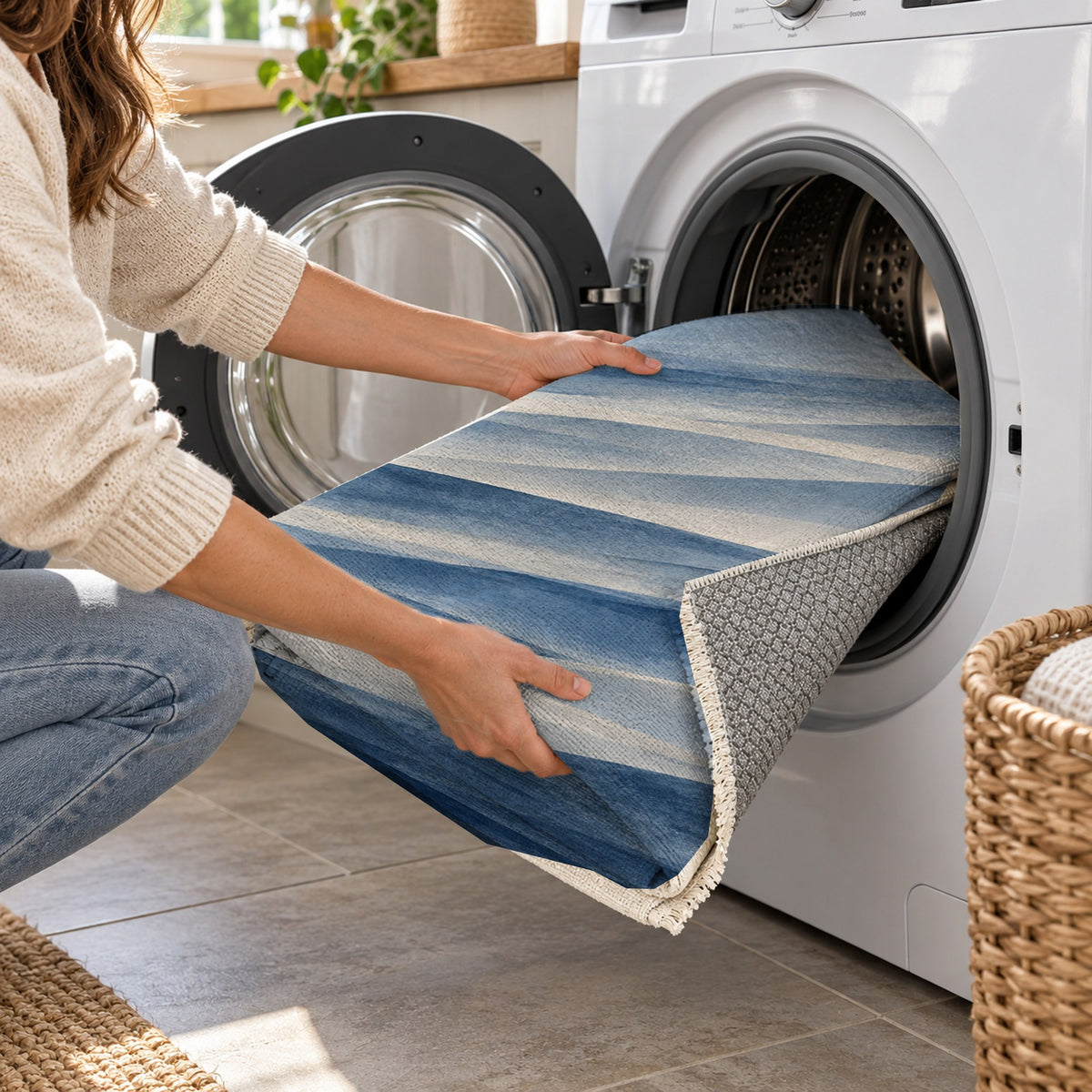 Mirage Layers Indigo Modern Washable Rug — washing machine