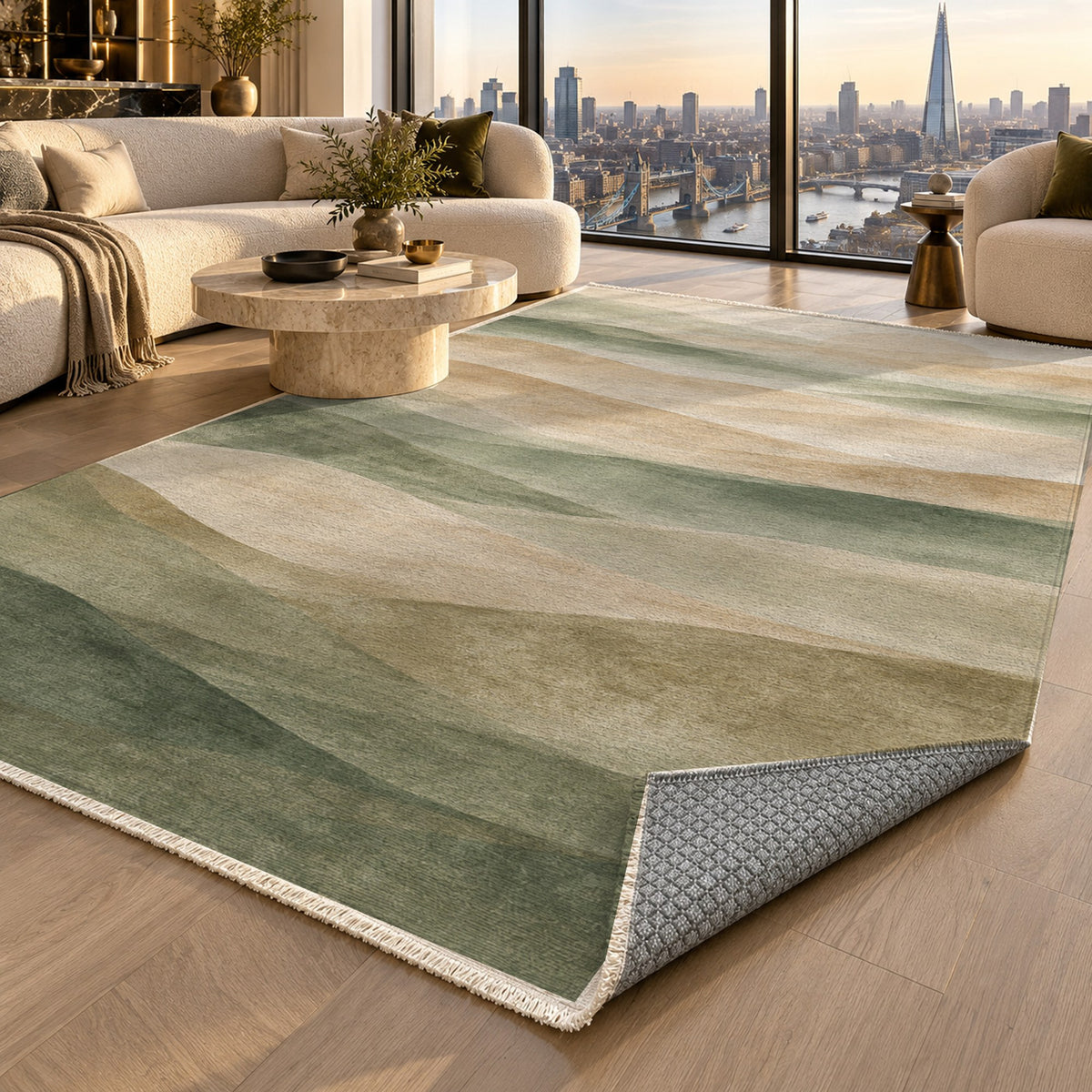 Mirage Layers Sage Modern Washable Rug — london luxury living