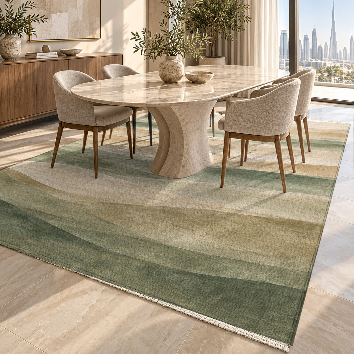Mirage Layers Sage Modern Washable Rug — dubai dining
