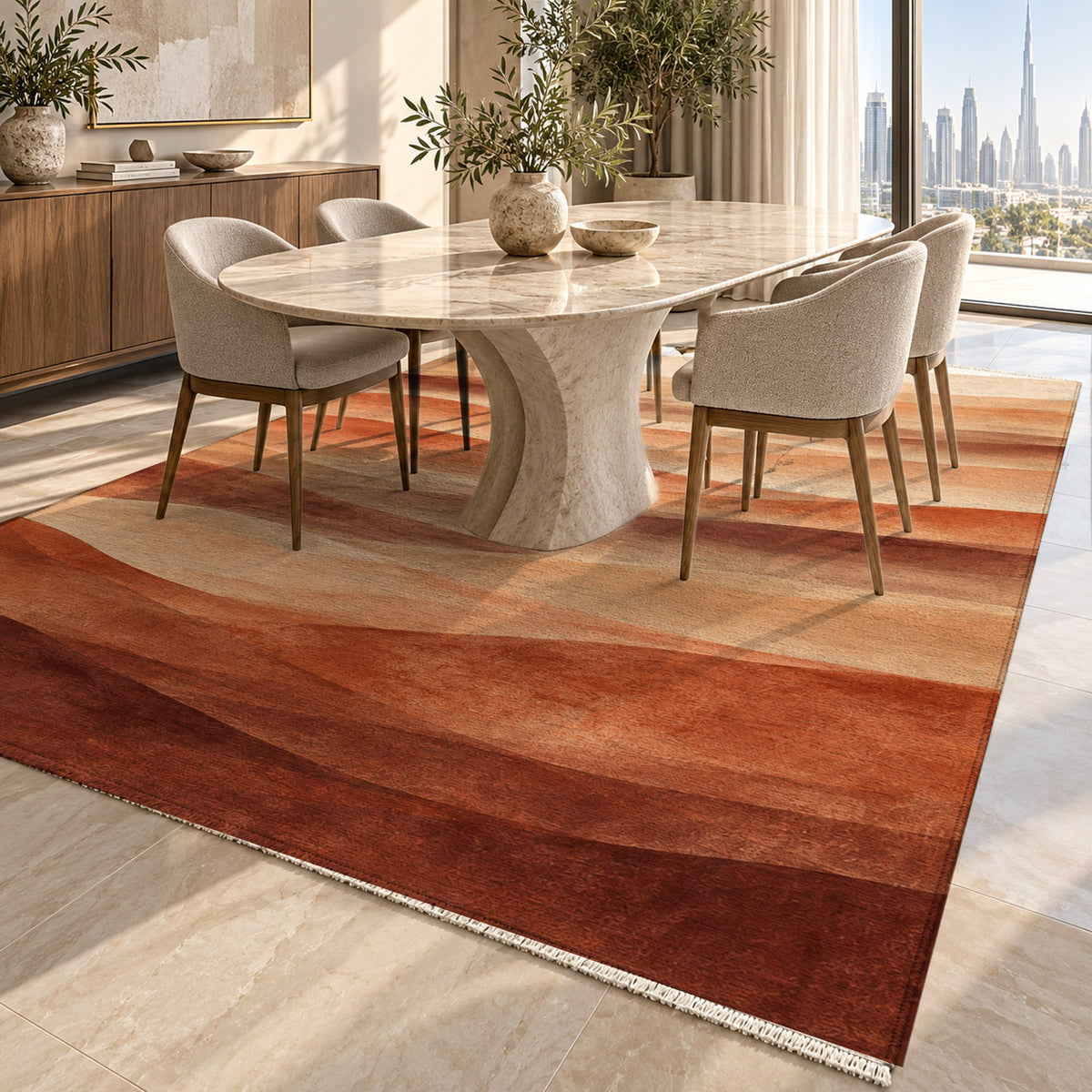 Mirage Layers Terracotta Modern Washable Rug — dubai dining