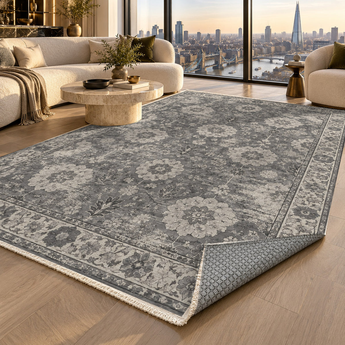 Misty Rosettes Charcoal Silver Vintage Washable Rug — london luxury living