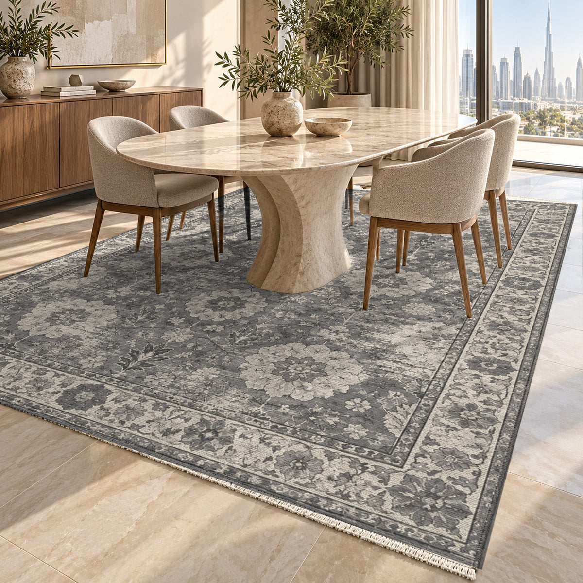 Misty Rosettes Charcoal Silver Vintage Washable Rug — dubai dining