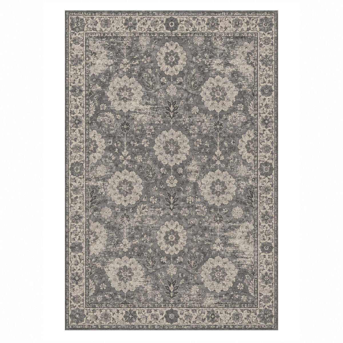 Misty Rosettes Charcoal Silver Vintage Washable Rug — top view