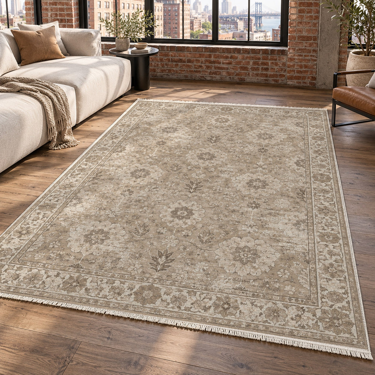 Misty Rosettes Ivory Taupe Vintage Washable Rug — new york living
