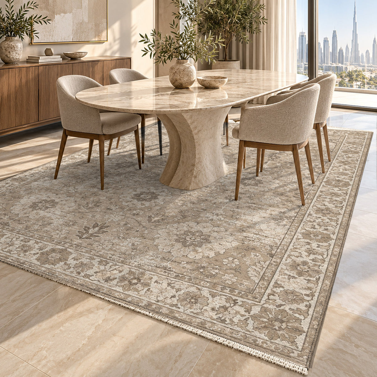 Misty Rosettes Ivory Taupe Vintage Washable Rug — dubai dining