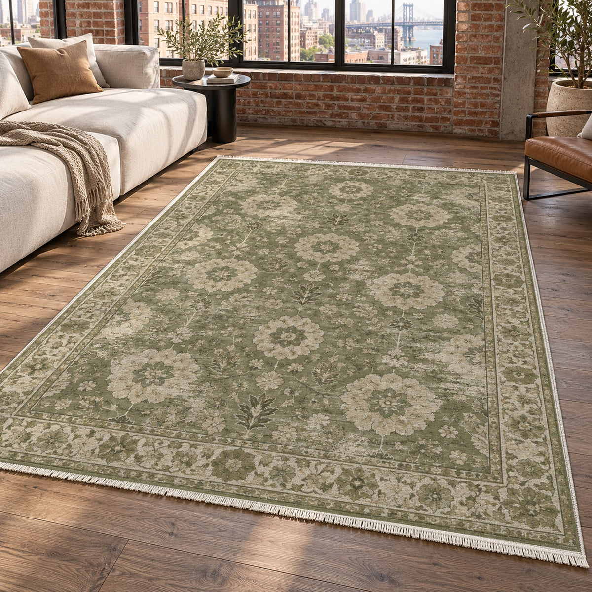 Misty Rosettes Olive Green Vintage Washable Rug — new york living
