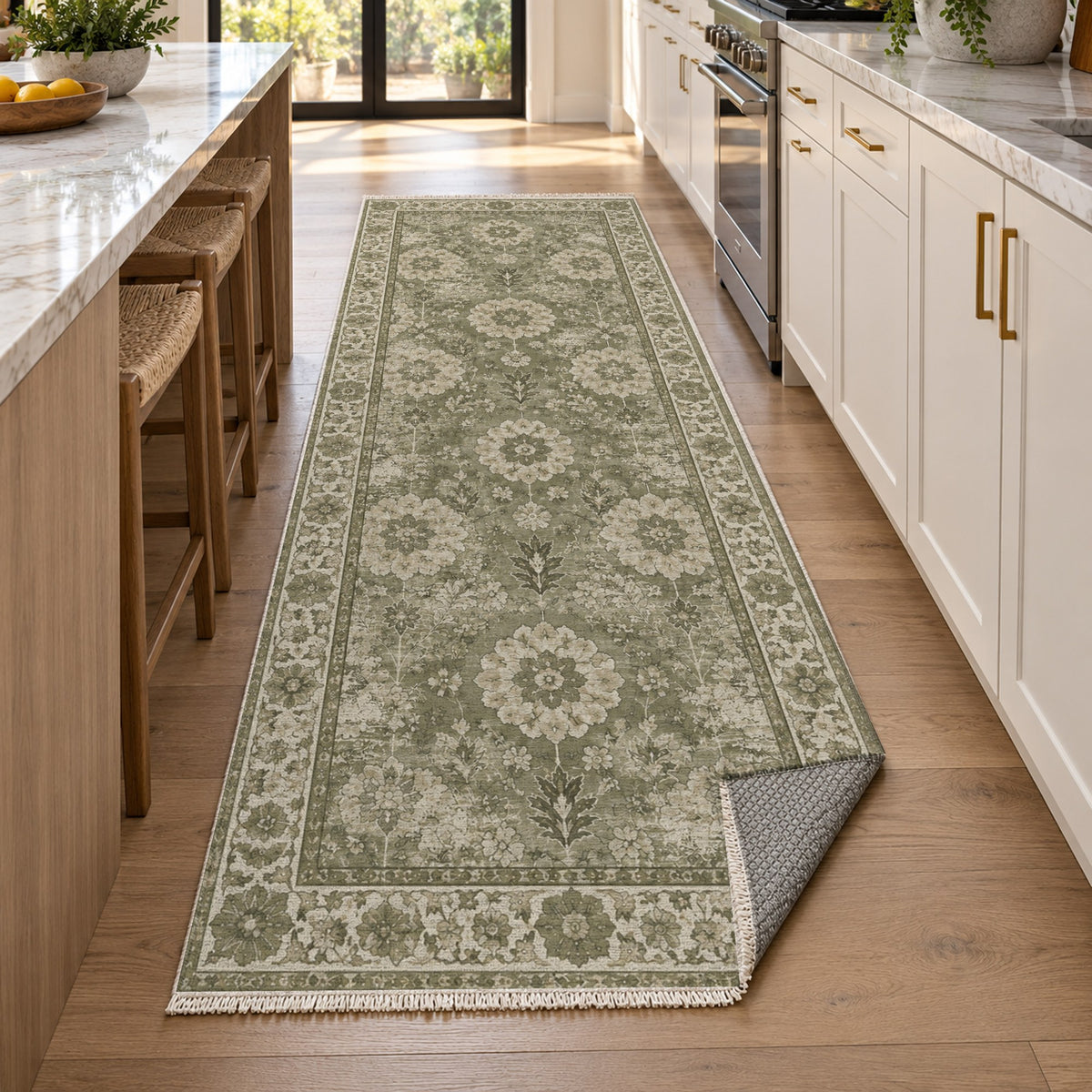 Misty Rosettes Olive Green Vintage Washable Rug — new york kitchen runner