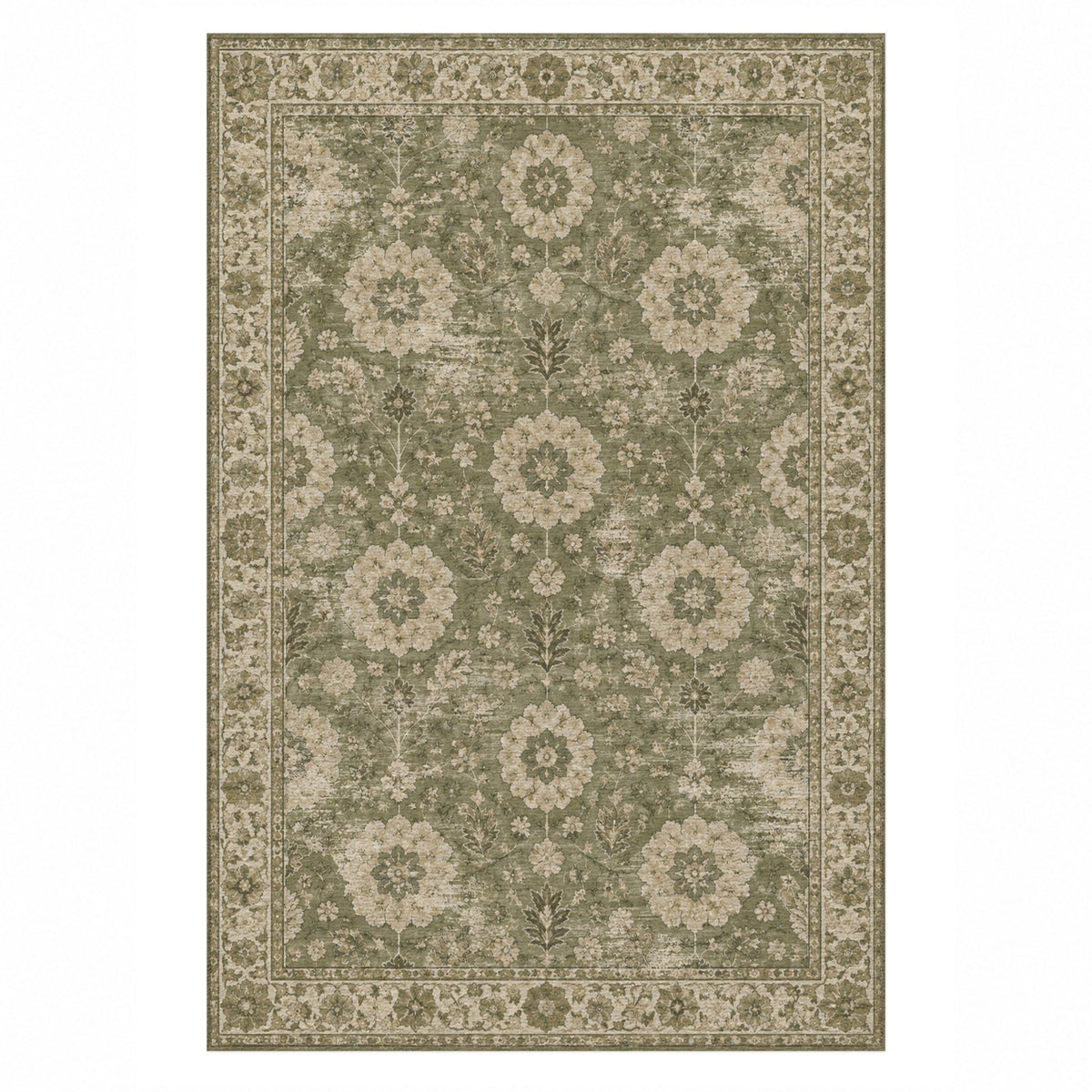 Misty Rosettes Olive Green Vintage Washable Rug — top view
