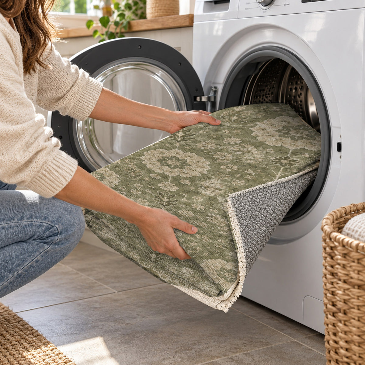 Misty Rosettes Olive Green Vintage Washable Rug — washing machine