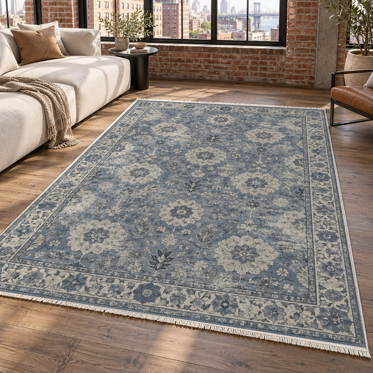 Misty Rosettes Slate Blue Vintage Washable Rug — new york living