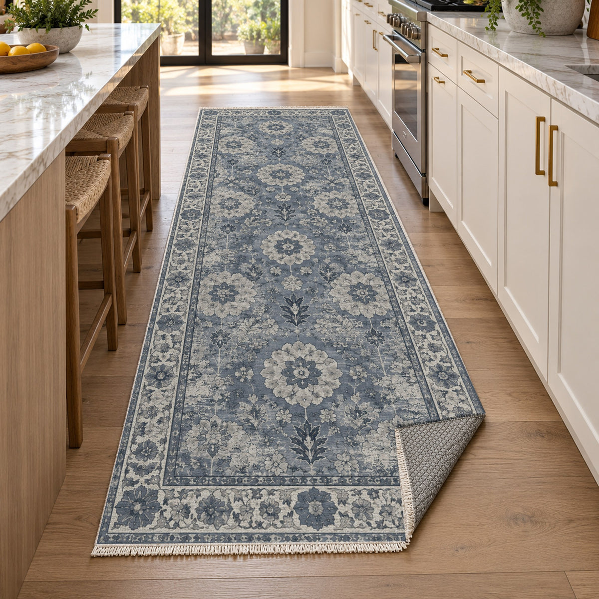 Misty Rosettes Slate Blue Vintage Washable Rug — new york kitchen runner