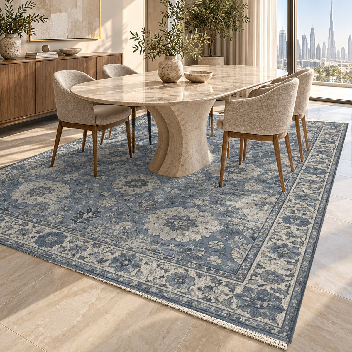 Misty Rosettes Slate Blue Vintage Washable Rug — dubai dining