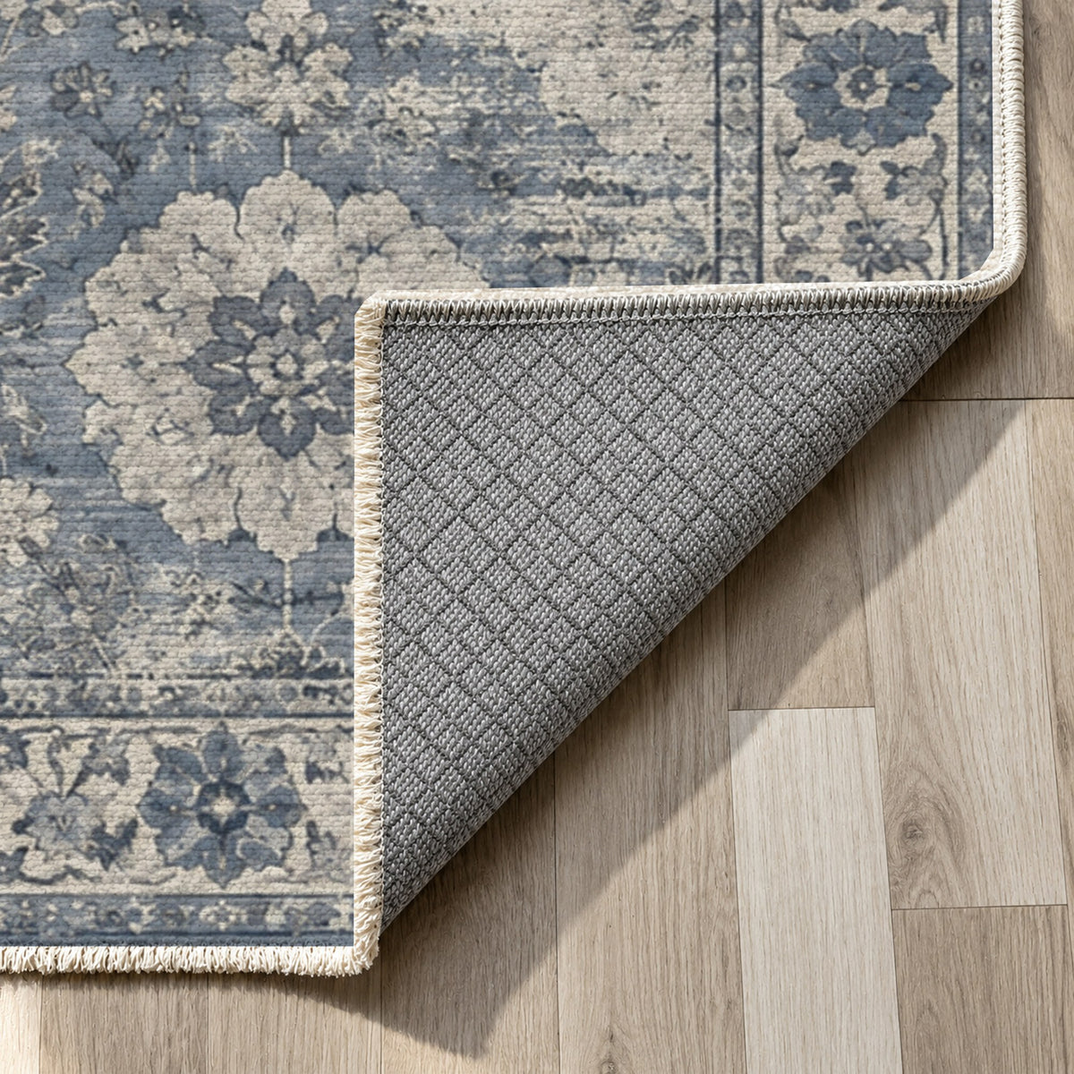 Misty Rosettes Slate Blue Vintage Washable Rug — backing close up