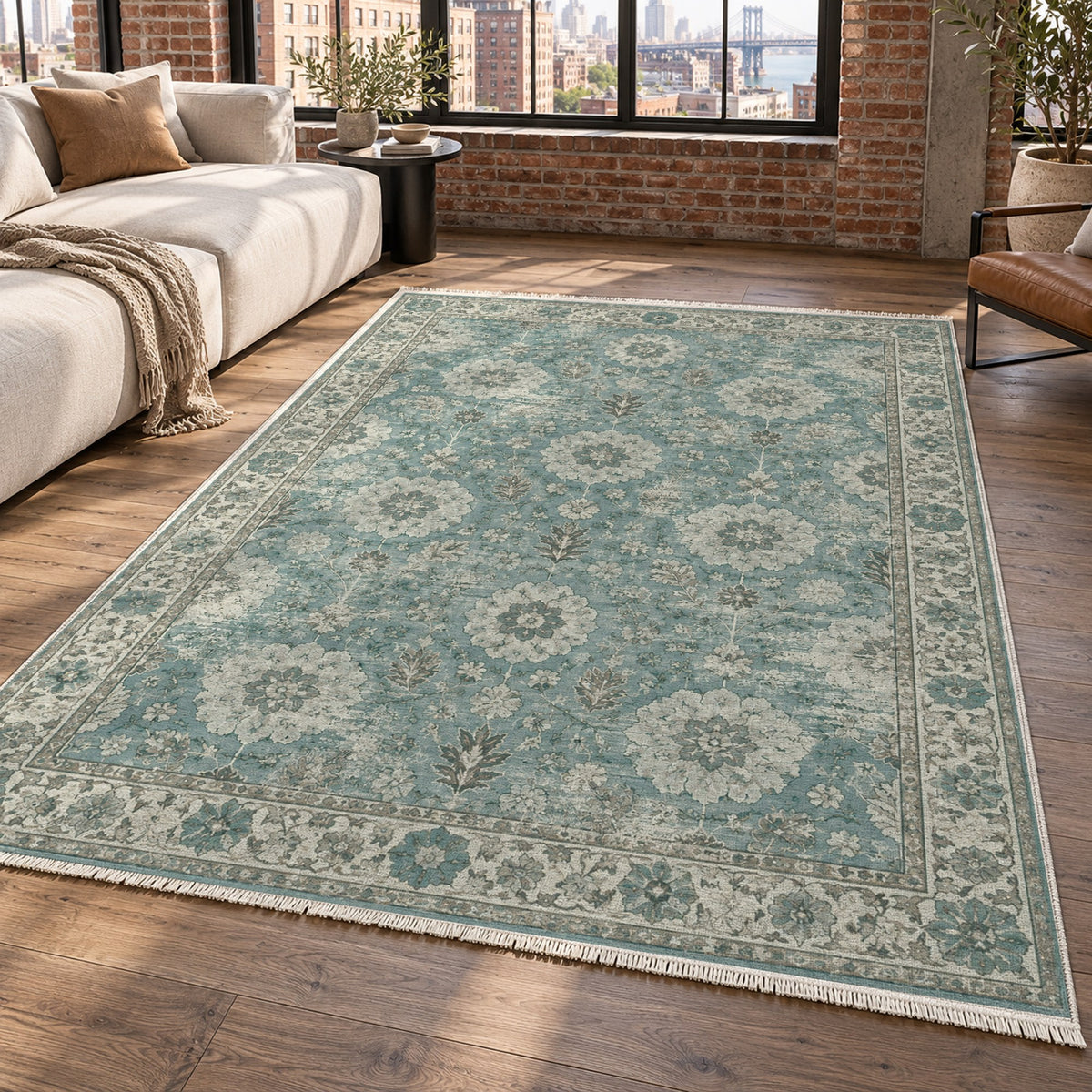 Misty Rosettes Turquoise Blue Vintage Washable Rug — new york living