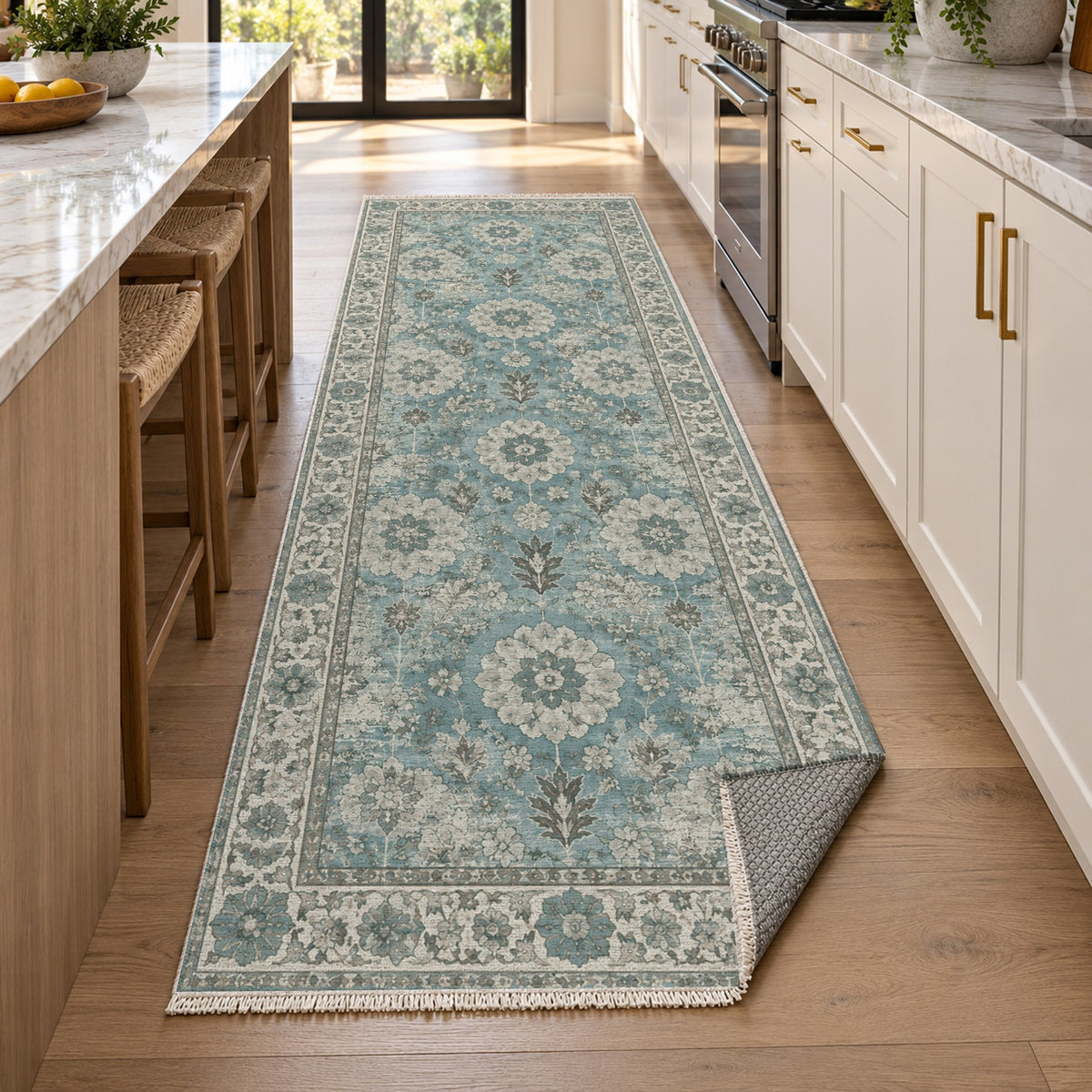 Misty Rosettes Turquoise Blue Vintage Washable Rug — new york kitchen runner