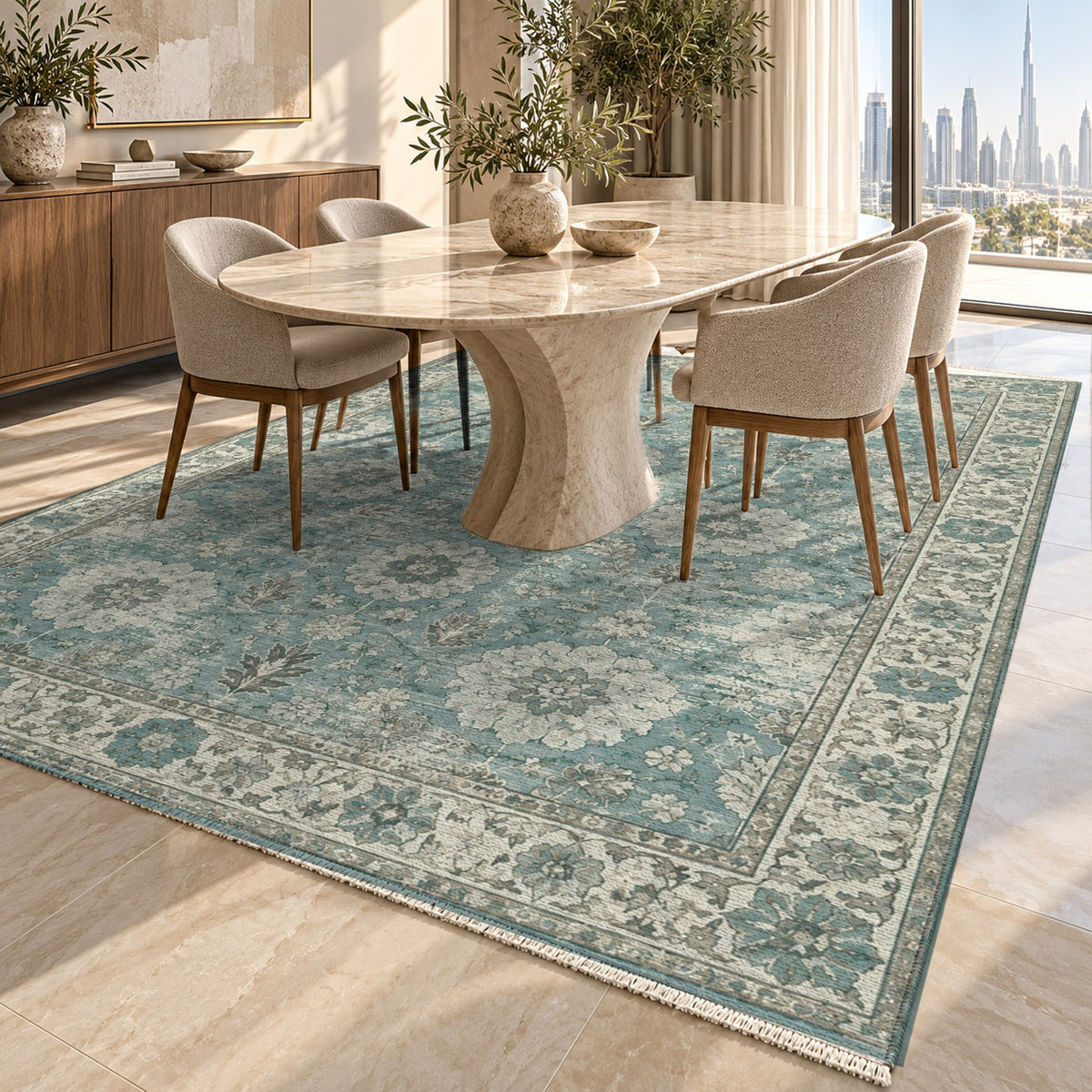 Misty Rosettes Turquoise Blue Vintage Washable Rug — dubai dining
