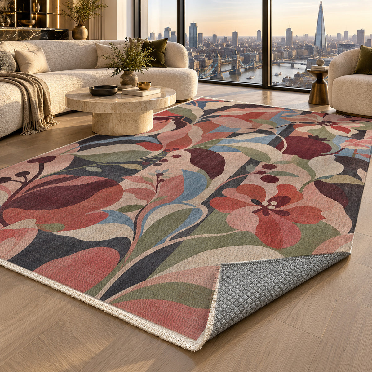 Monstera Coral Floral Washable Rug — london luxury living