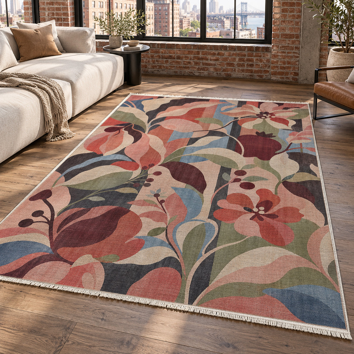 Monstera Coral Floral Washable Rug — new york living
