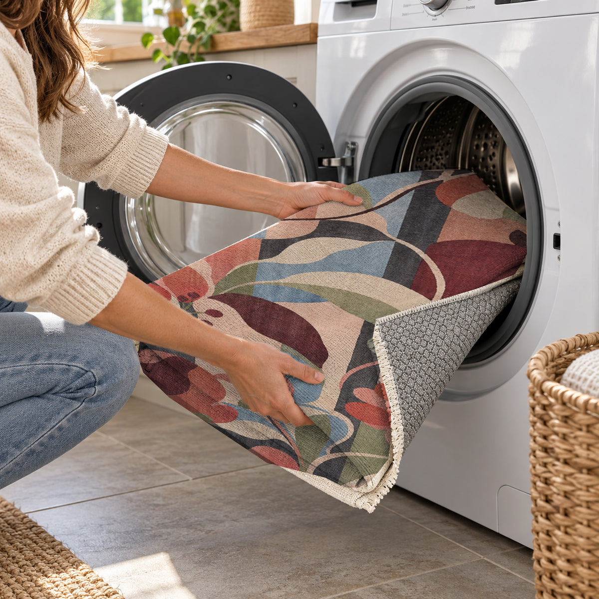 Monstera Coral Floral Washable Rug — washing machine