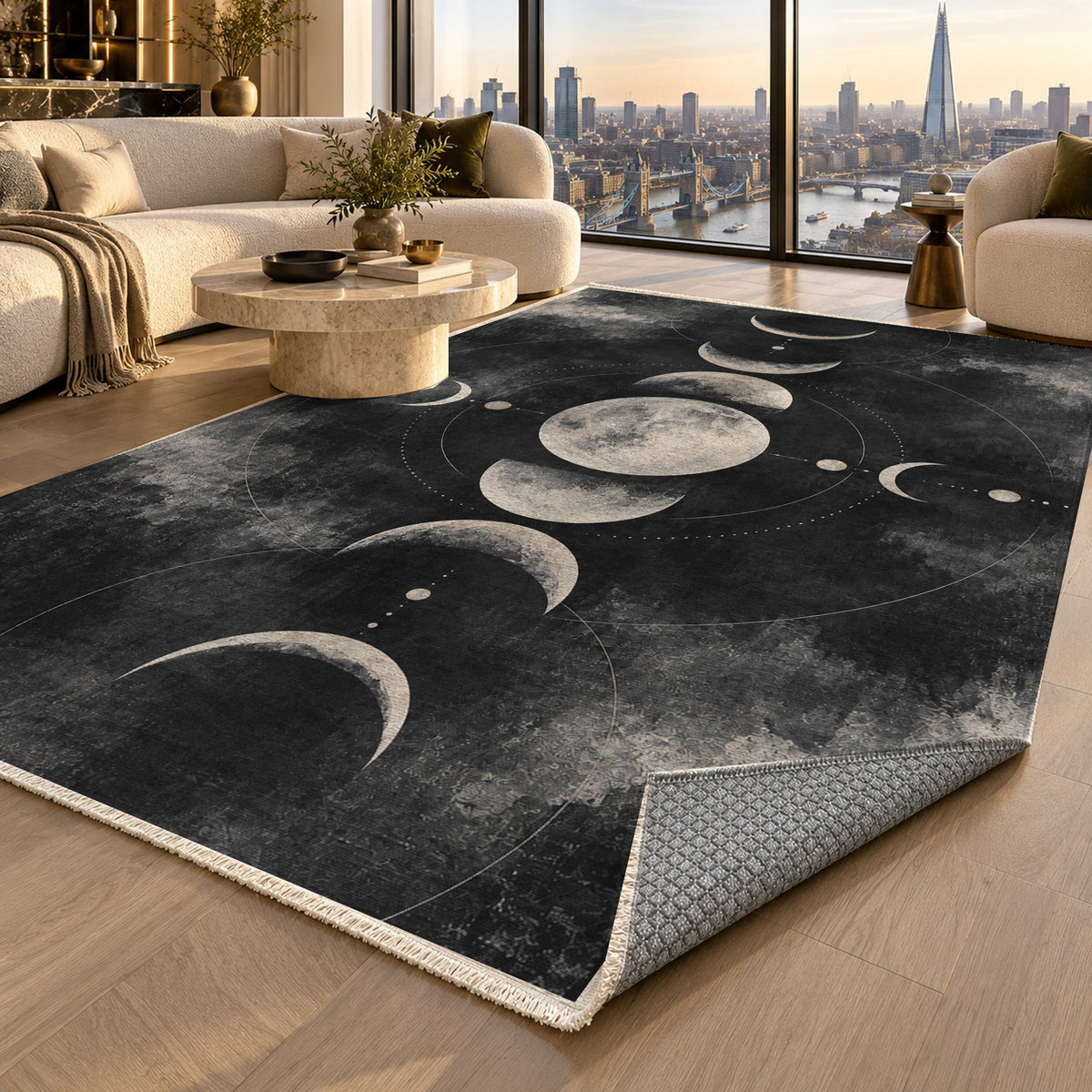 Moon Phases Charcoal Abstract Washable Rug — london luxury living