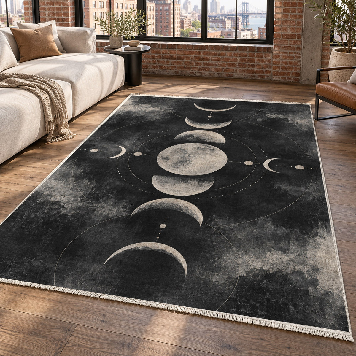 Moon Phases Charcoal Abstract Washable Rug — new york living