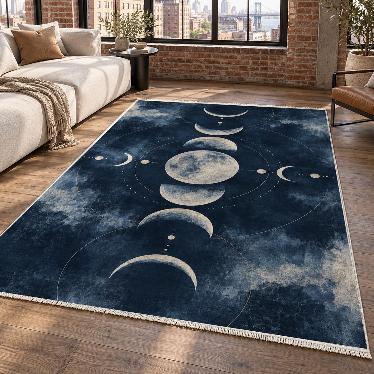Moon Phases Indigo Abstract Washable Rug — new york living