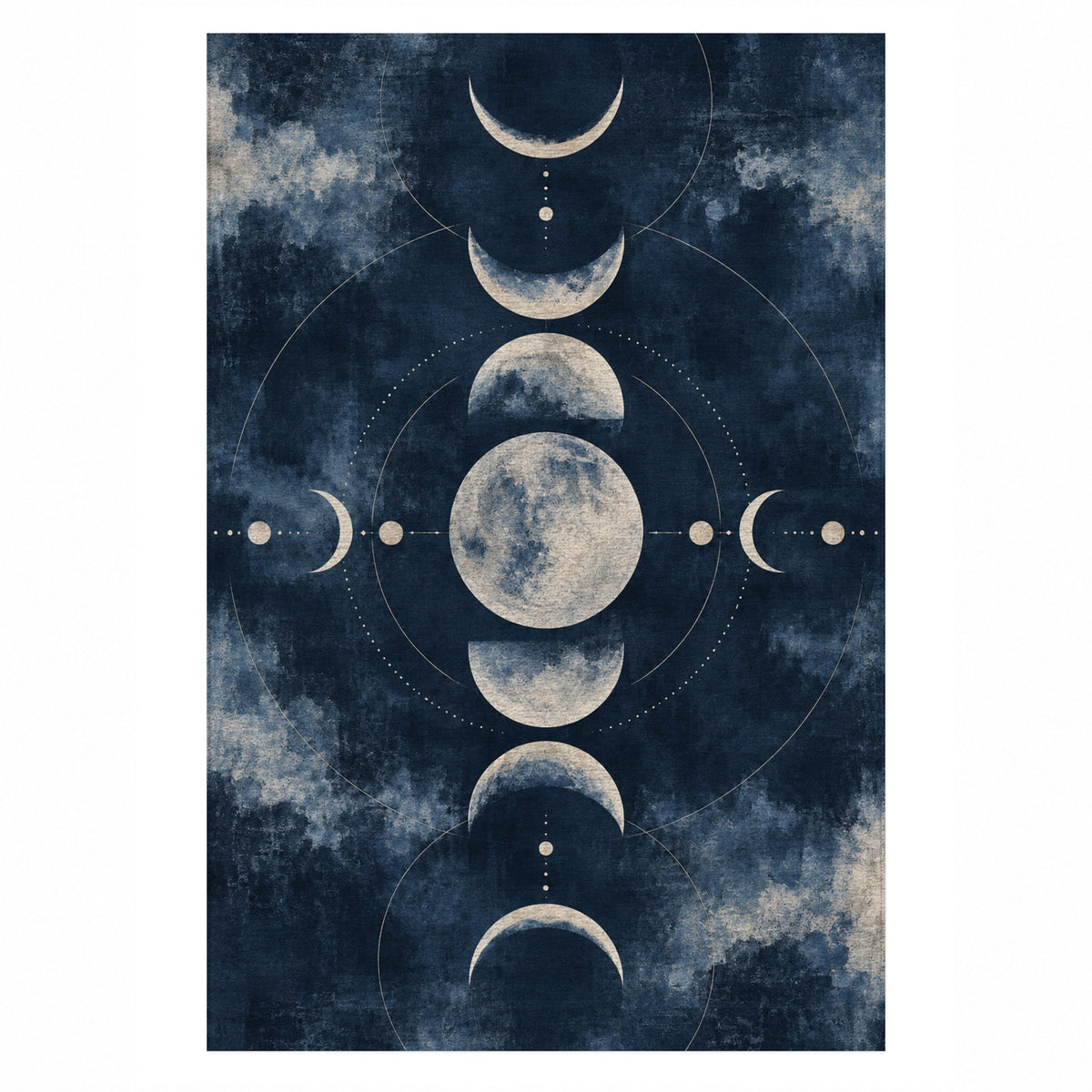 Moon Phases Indigo Abstract Washable Rug — top view